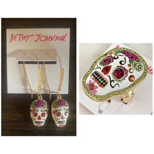 BETSEY JOHNSON SET Mexican Sugar Skull El Dia de los Muertos Earrings & Ring NWT